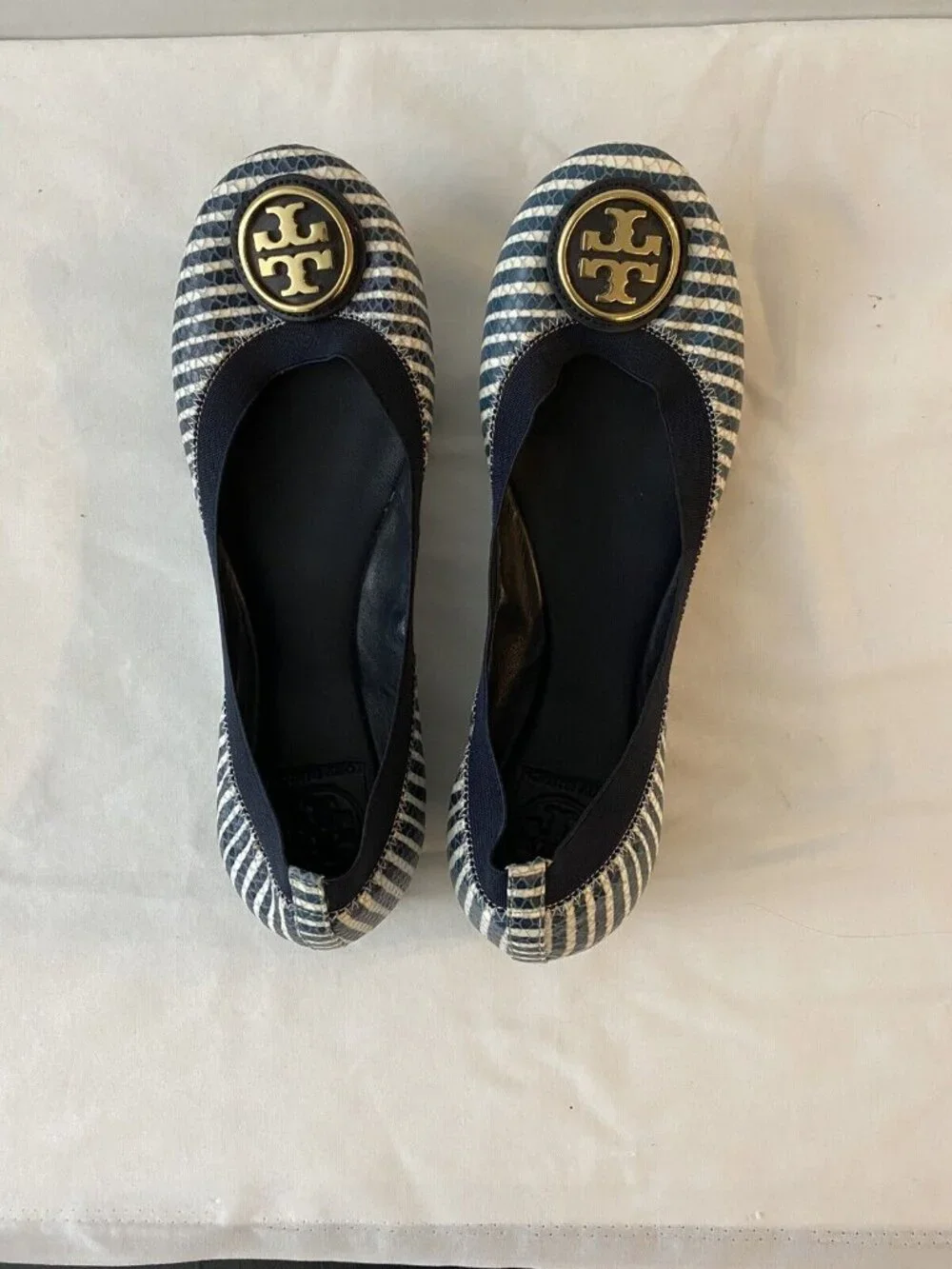 TORY BURCH leather navy blue & Caroline white stripe ballet flat, 9